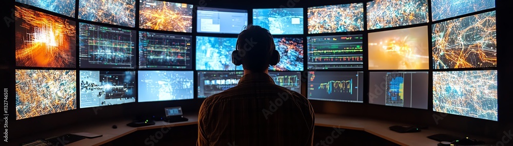 Poster person intently reviewing complex data on multiple screens in a hightech control room, highlighting 