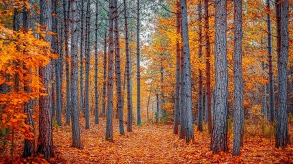 Obraz premium Autumn Forest Path Golden Leaves Trees
