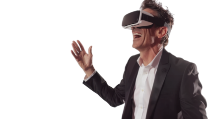 American caucasian middle age businessman watching vr glasses laughing and gesturing with hand on white background
