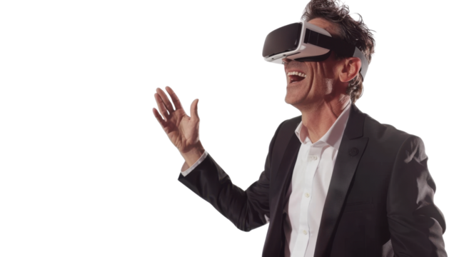 American caucasian middle age businessman watching vr glasses laughing and gesturing with hand on white background