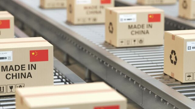 Made in China. Cardboard boxes with product and China flag on the roller conveyor. 3d animation