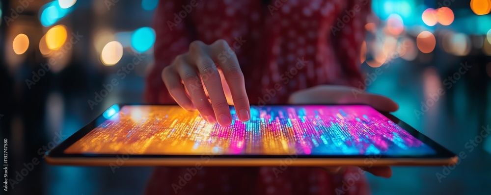 Poster Professional displaying a tablet with vibrant data visualization, emphasizing digital transformation, modern technology, and innovative analytics