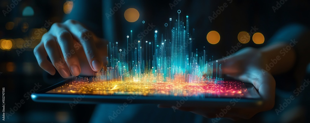 Poster Professional displaying a tablet with vibrant data visualization, emphasizing digital transformation, modern technology, and innovative analytics
