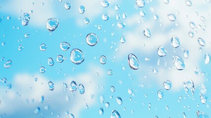 Close up of transparent water drops clinging to a glass surface against a background of serene blue sky and white clouds, creating a refreshing and pure visual