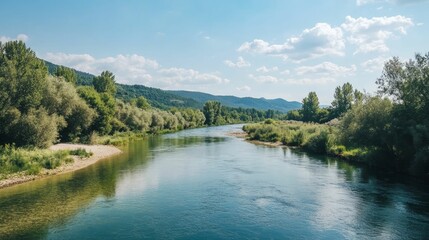 Fototapeta premium Serene river flows through lush green valley.