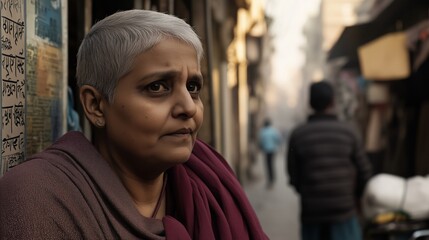 Fototapeta premium Woman with a shaved head and a purple scarf