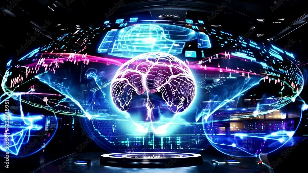Poster exploring advanced technology visualizing brain activity and neural connections in a futuristic envi