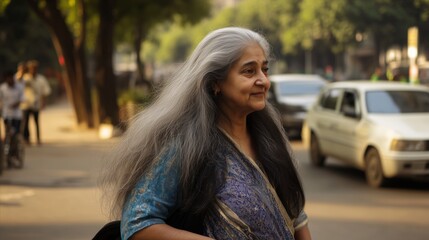 Fototapeta premium Woman with long hair is standing on a street