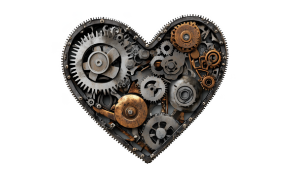 Heart-shaped gears and cogs arrangement, intricate mechanical design, metallic textures, steampunk aesthetic, artistic representation of love and machinery, isolated on transparent background, png