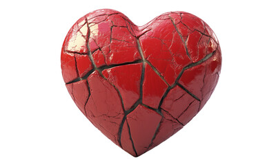 Cracked red heart sculpture, symbolizing broken love and emotions. Glossy surface, intricate cracks, 3D rendering, artistic representation of heartbreak., isolated on transparent background, png