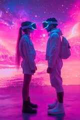 A young couple both wearing VR glasses on pink purple galaxy background