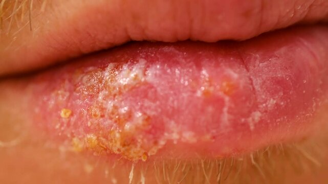 Herpes simplex virus type 1 infection manifests on a man's lips, illustrating the various stages of progression from initial symptoms to the development of cold sores