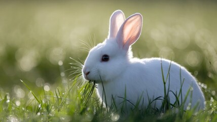 White rabbit sitting in spring meadow
