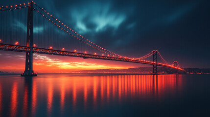 Fototapeta premium An iconic suspension bridge connecting two cities with vibrant lights shining at dusk