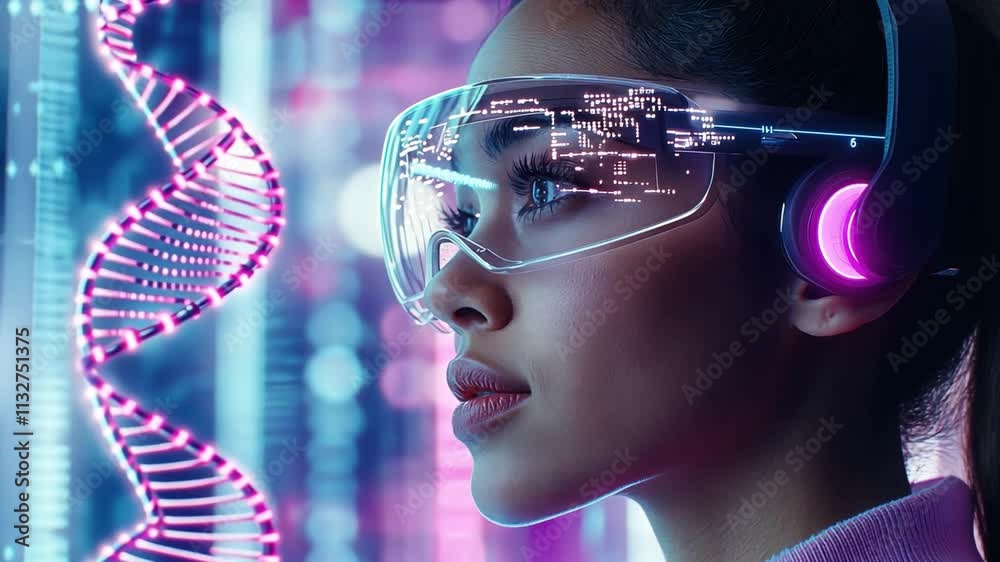 Poster advanced biocomputer technology explores dna interaction in futuristic lab setting