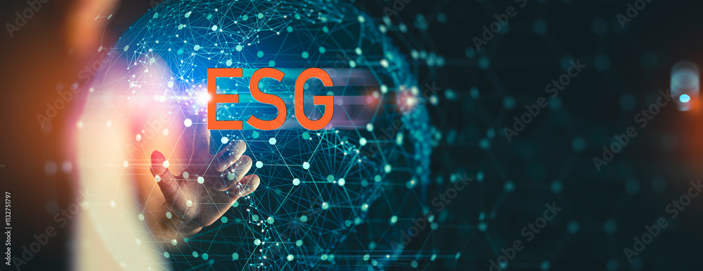 Poster Businesswoman pushing abstract mesh dot grow earth and global online networking connection with data exchanges, global communication network security concept