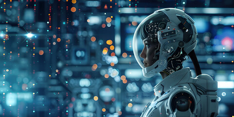 Obraz premium Futuristic robot helmet in advanced technology lab, Sci-fi robotic headgear with digital interface