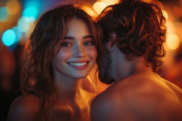 Naklejka premium A romantic scene at a party where one person is whispering something funny to another. Generative AI