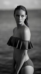  Black and white photo of a beautiful woman wearing a bikini posing against the vast sea horizon