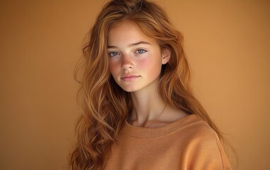 Fototapeta premium smiling beauty woman with casual sweatshirt in color background