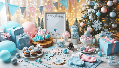 A festive baby-themed table with cupcakes, gifts, and Christmas decorations, blending holiday cheer with a special celebration