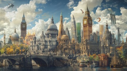 Obraz premium The city looks like a museum, with iconic landmarks from New York, London, India, and France. Seen in the distance. High resolution. Surrealistic.