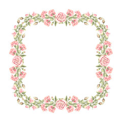 Fototapeta premium Pink roses with green leaves. Spring flowers square frame, border. Template with copy space. Hand drawn watercolor illustration isolated. Background for invitation, wedding, Valentines Day, textile.