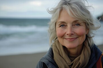 Portrait of a smiling senior woman on the beach with the sea behind her.