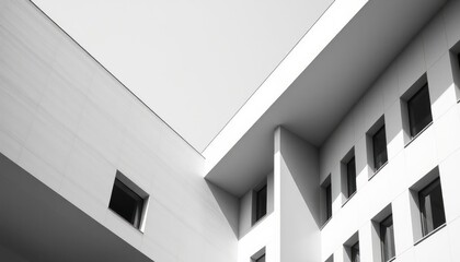 Obraz premium A striking black and white image of a modern building with a minimalist design, showcasing geometric shapes and clean lines.