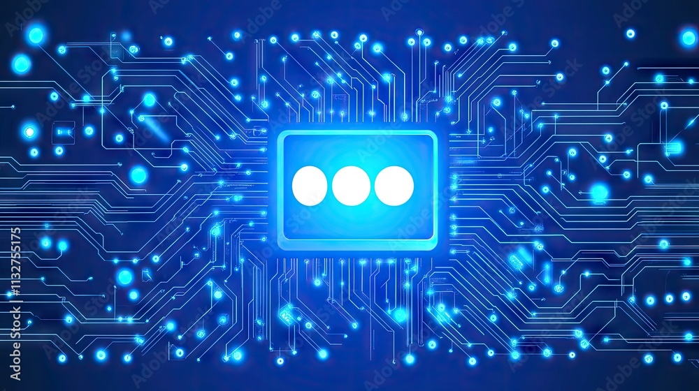 Poster a glowing ai chip highlighted on a complex, futuristic circuit board background, symbolizing advance