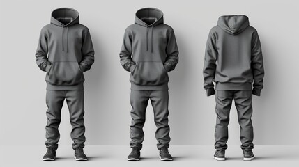 Three views of a charcoal gray hoodie and sweatpants set on a model.