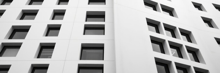 Obraz premium A striking black and white image of a modern building with a minimalist design, showcasing geometric shapes and clean lines.