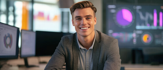 Fototapeta premium Caucasian Male Data Analyst Smiling Warmly at Desk with backdrop of multiple Monitors Displaying Data Visualizations