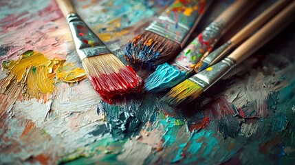 Fototapeta premium Vibrant diy home wall painting creative workspace art supplies bright environment close-up artistic expression