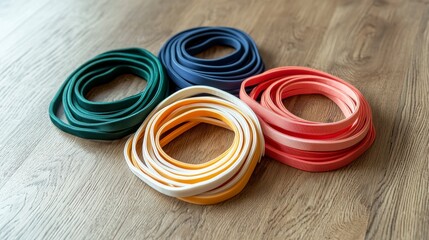 Fototapeta premium Colorful resistance bands for fitness home gym product showcase indoor close-up health and wellness benefits