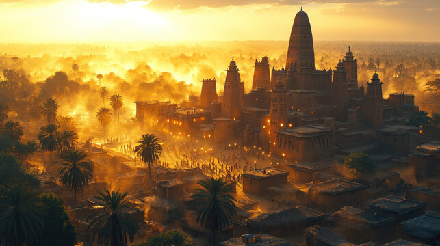 The Great Mosque of Djenne in Mali glowing under warm evening light, with villagers nearby
