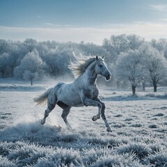 Obraz premium A pegasus flying in a frosty blue and white landscape.