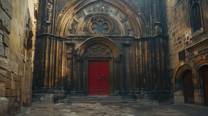 Fototapeta premium Ancient Stone Building Entrance With Red Door