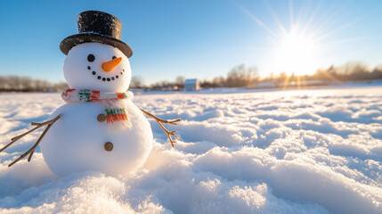 Obraz premium Snowman in snow during winter sunny day with snow-covered landscape and winter scenery