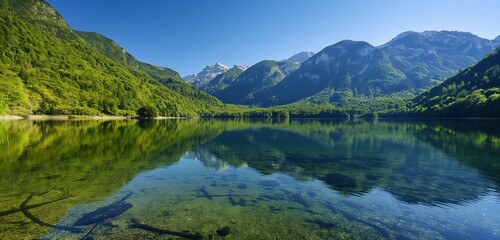 A pristine eco background showcasing a crystal-clear lake reflecting the surrounding verdant mountains and dense forest, under a clear blue sky.