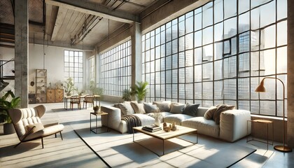 Industrial Living Room with Large Windows and Open Space.

