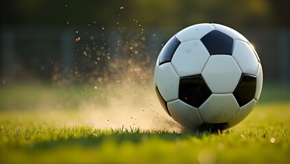 Naklejka premium A soccer ball in motion, kicking up dust and grass. The sun shines on the ball, creating a vibrant, dynamic scene of sports action.