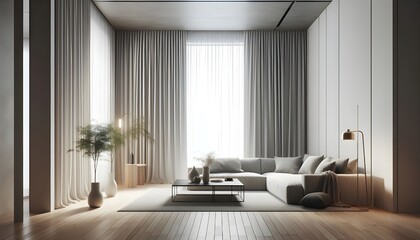 Obraz premium Minimalist Living Room with Floor-to-Ceiling Windows and Grey Sofa.