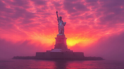 Fototapeta premium The Statue of Liberty photographed against a fiery orange and pink sunset sky