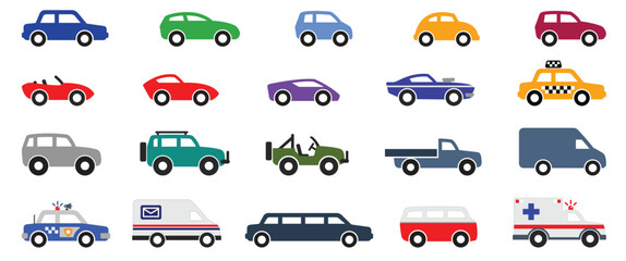 various civilian car vehicle simple icon symbol silhouette side view set vector on transparent background © Marty's Art