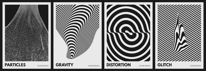 Cover design template. Array with dynamic particles. Optical art illustration of circles. Geometric background with stripes and glitch splash. 3D vector for brochure, card, presentation, postcard, etc