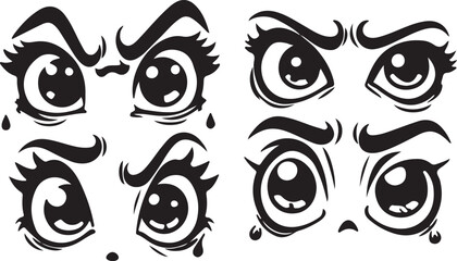 Naklejka premium Cartoon emoji vector. Cartoon eyes. Comic eye staring gaze watch, funny face parts facing smile cute, angry and joyful emotions.