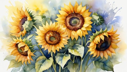 Vibrant watercolor depiction of sunflowers blooming under the gentle sunlight of a serene spring day, capturing nature's beauty in colorful strokes