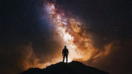 Fototapeta premium Solitary Figure Silhouetted Against a Starry Night Sky
