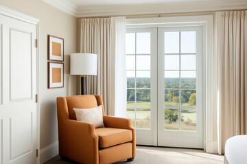 Fototapeta premium A cozy orange armchair sits in well lit room, with large windows offering scenic view of greenery outside. soft curtains and warm tones create welcoming atmosphere